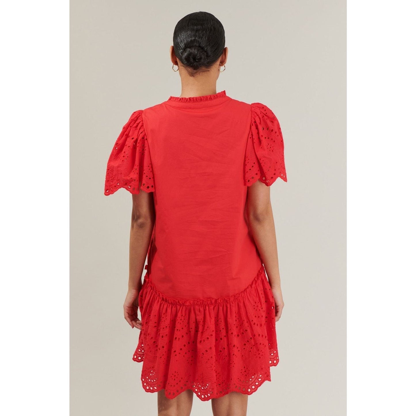 Red Eyelet Trim Poplin Mini Dress