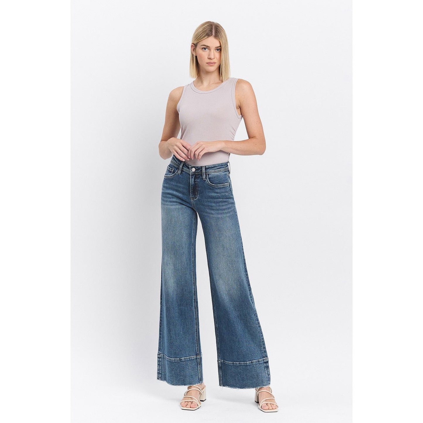 HIGH RISE CLEAN CUT RAW HEM WIDE JEANS