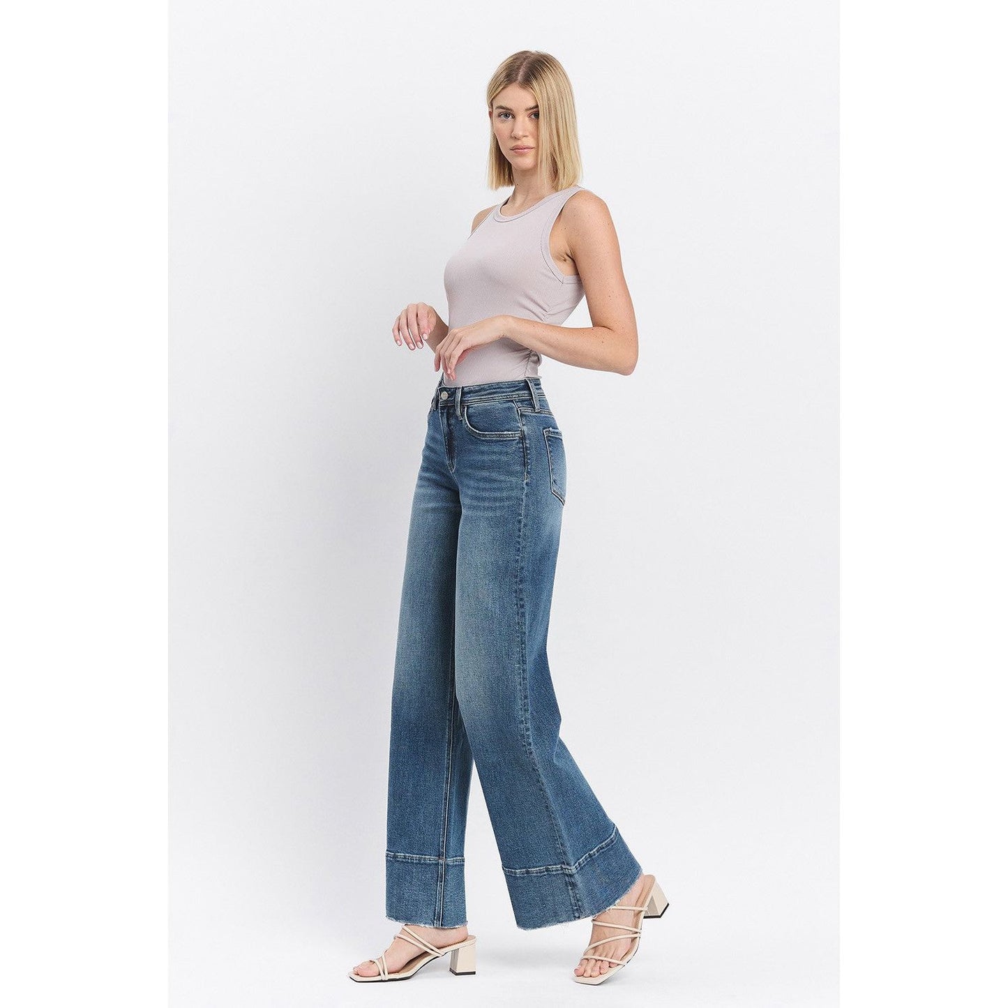HIGH RISE CLEAN CUT RAW HEM WIDE JEANS