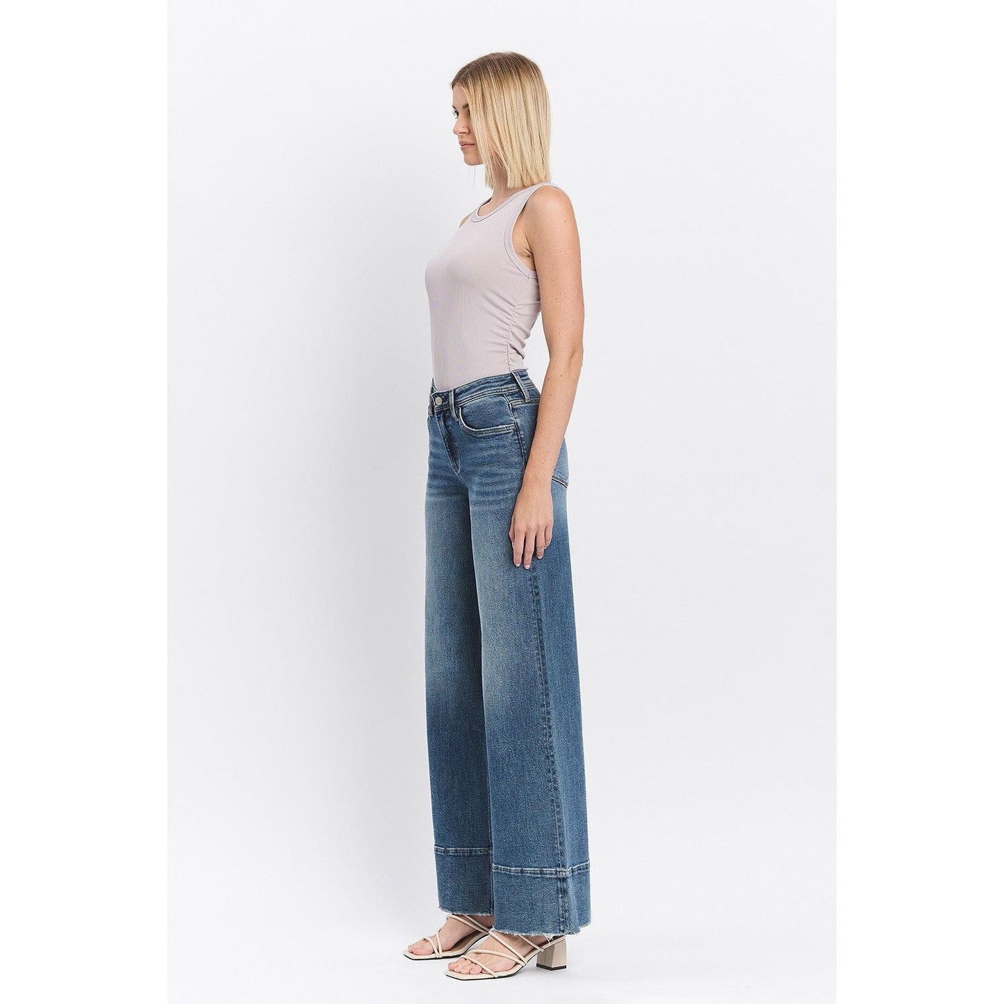 HIGH RISE CLEAN CUT RAW HEM WIDE JEANS