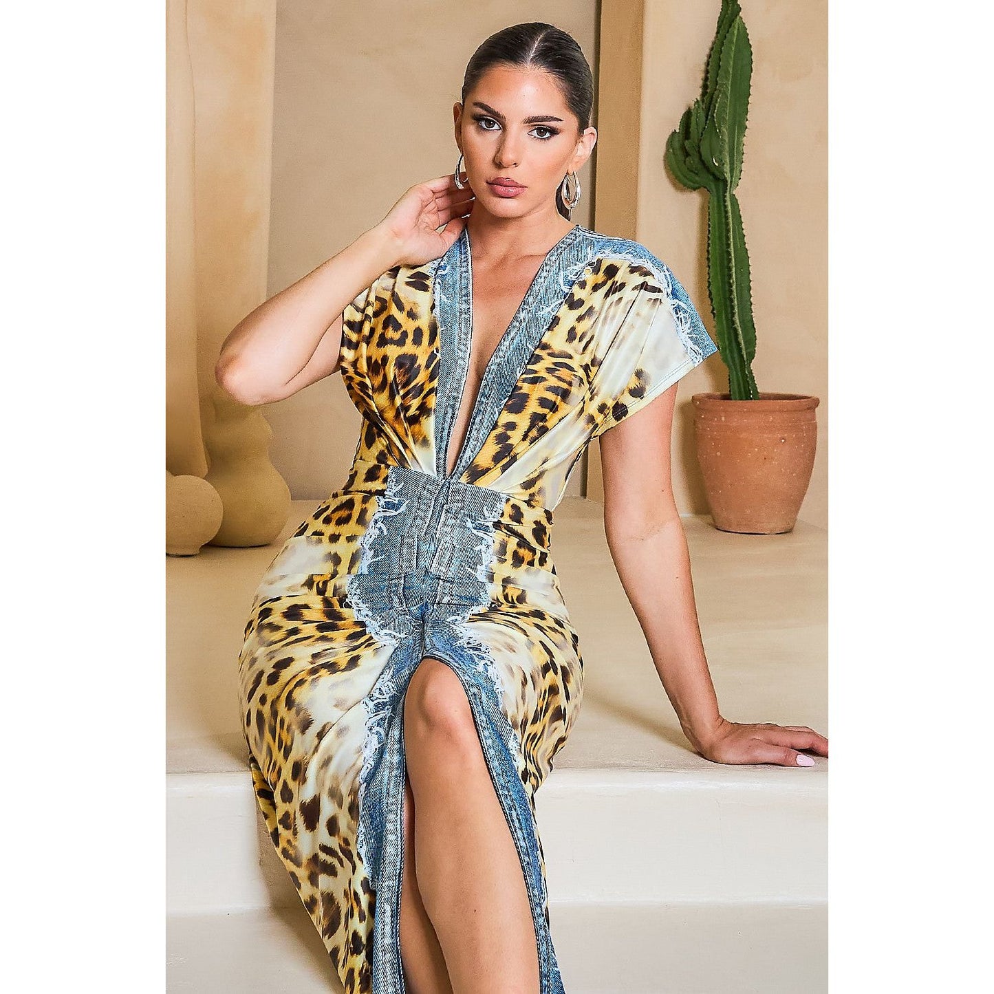 Cheetah Print Denim Stretch Bombshell Dress