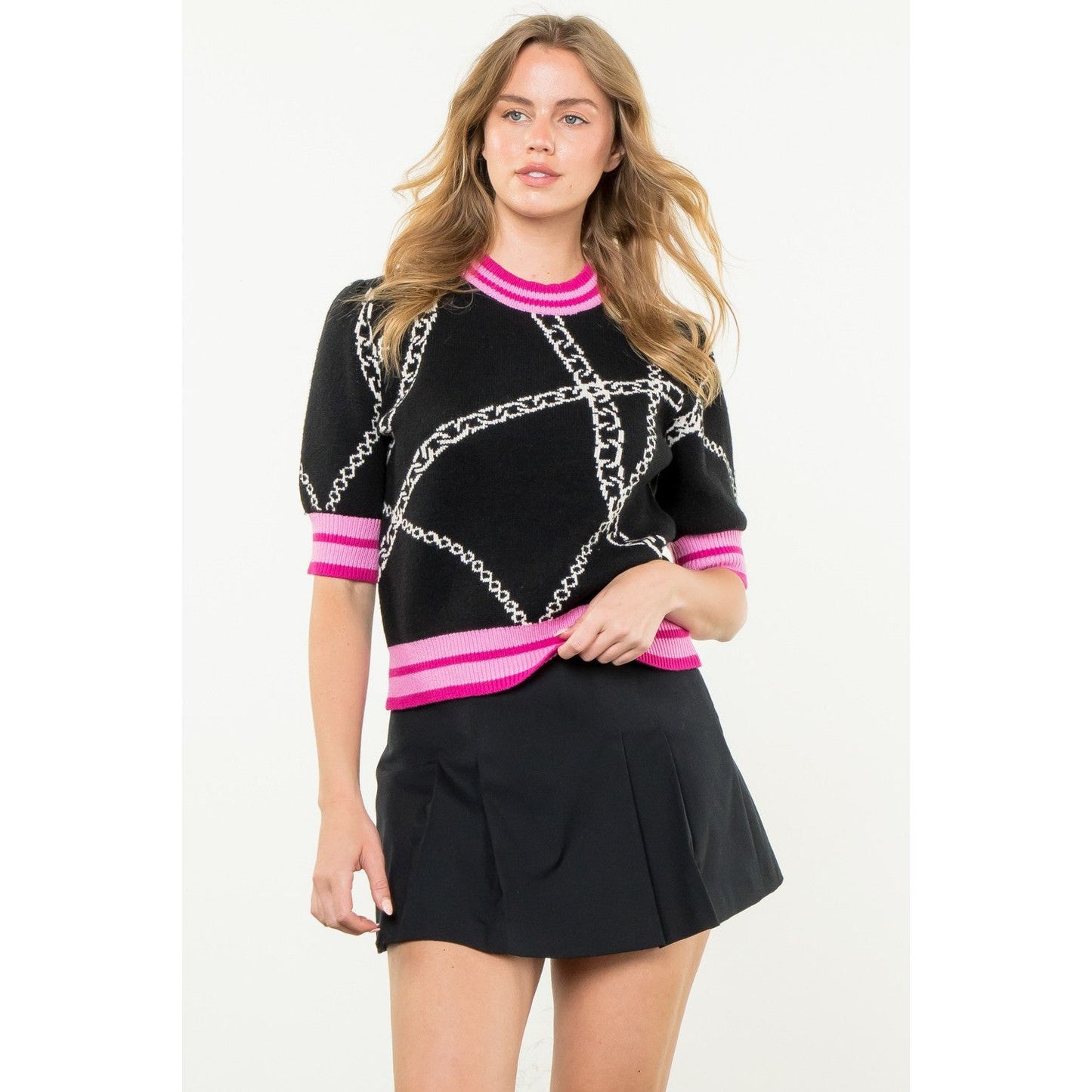 Black Chain Print Sweater Black & Pink