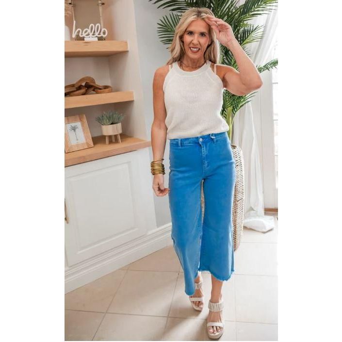 High Waist Straight Acid Wash Frayed Bootcut Jeans, Ocean Blue