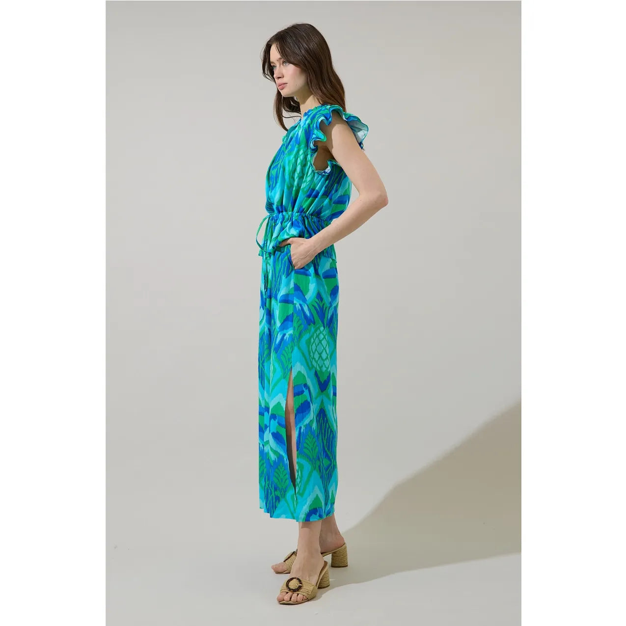 Blissy Tropical Astra Ruffle Maxi Dress