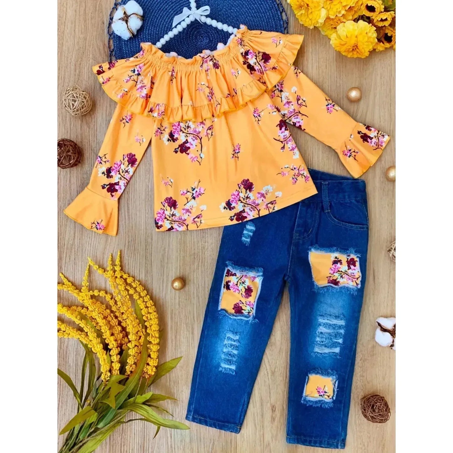 Mia Belle Girls Bloom Girl Patched Jeans Set