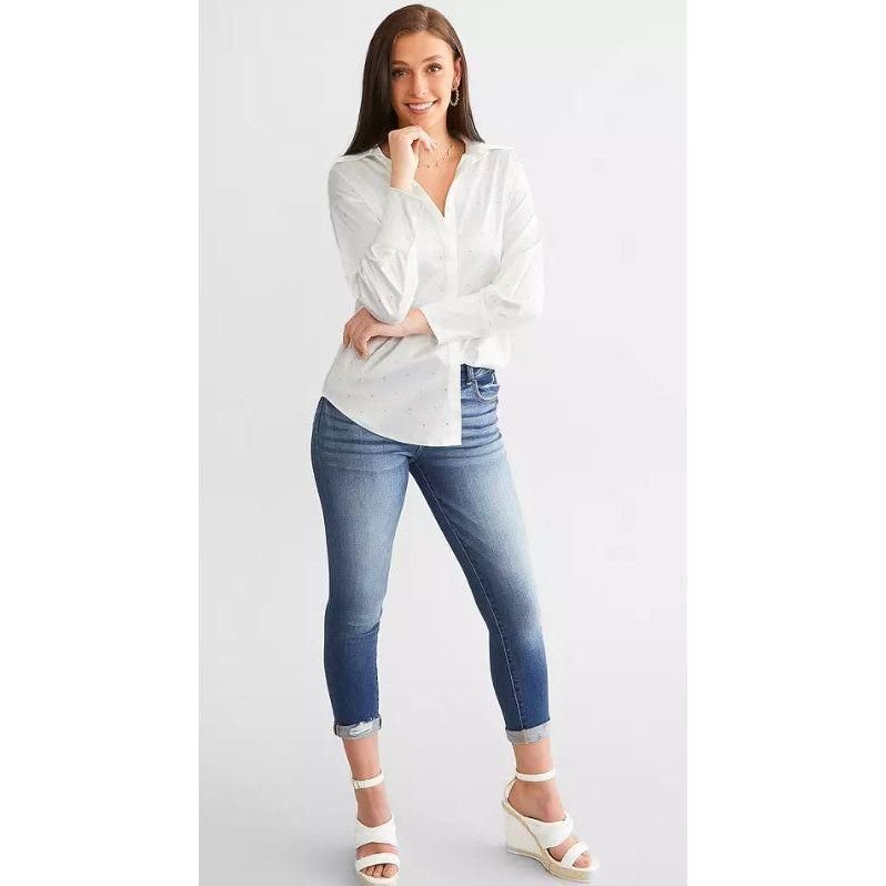 Rhinestone Studded Poplin Button Down Shirt