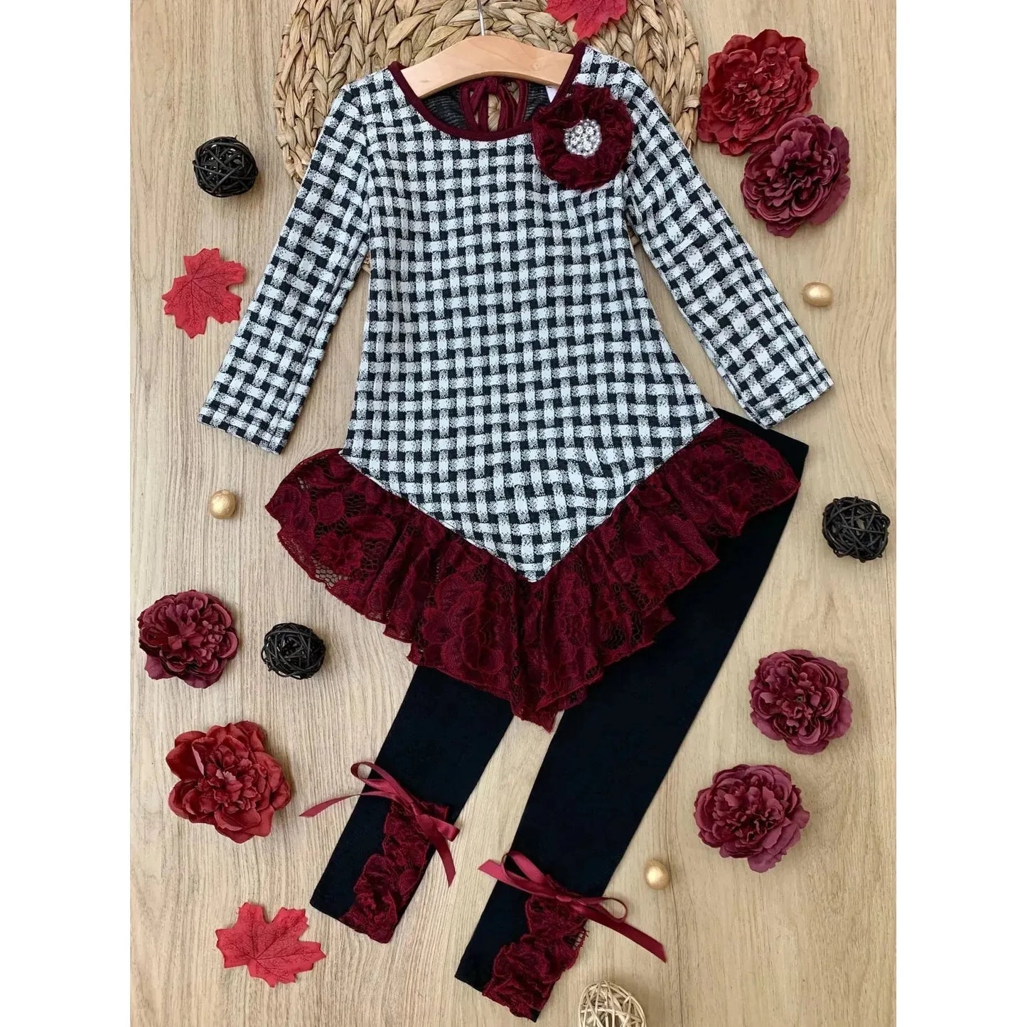 Mia Belle Girls Braided Plaid Lace Trim Tunic & Legging Set