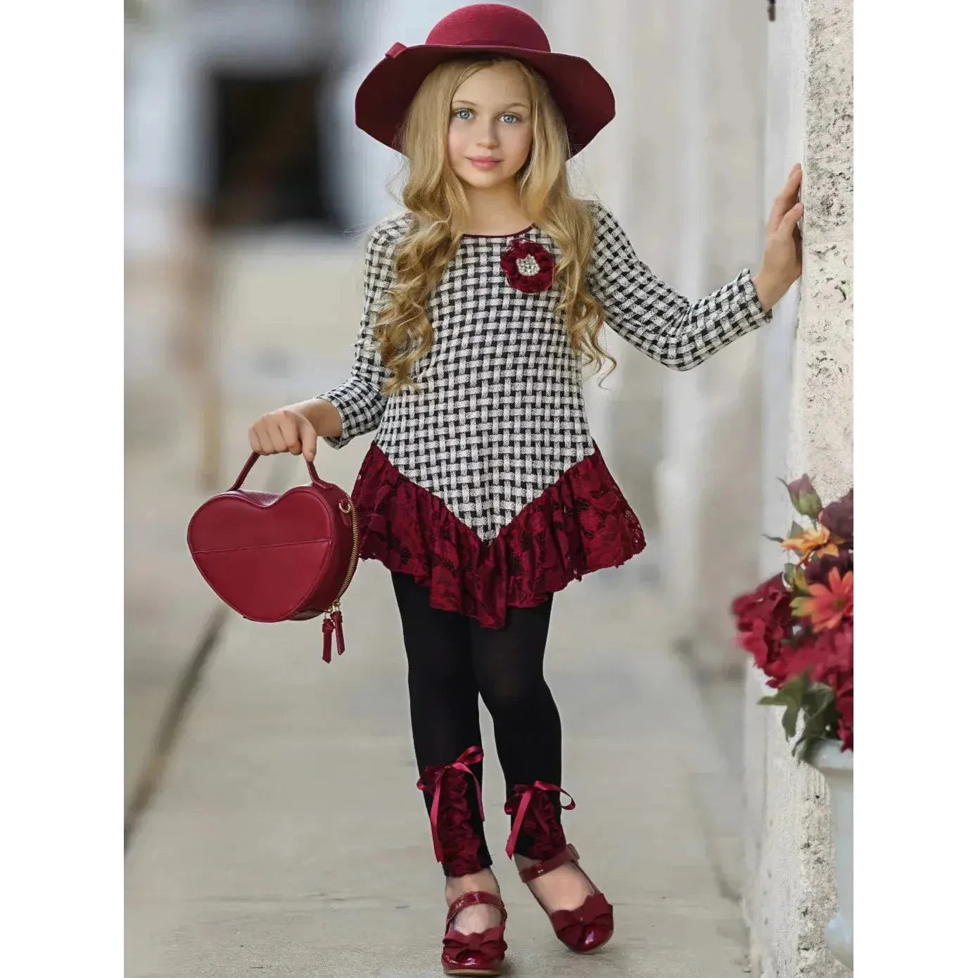 Mia Belle Girls Braided Plaid Lace Trim Tunic & Legging Set