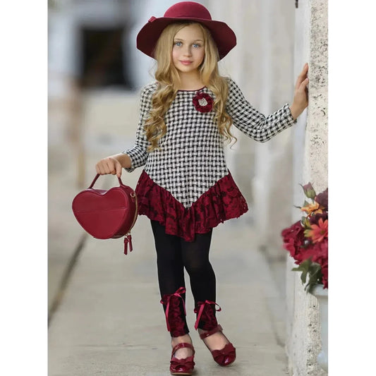 Mia Belle Girls Braided Plaid Lace Trim Tunic & Legging Set