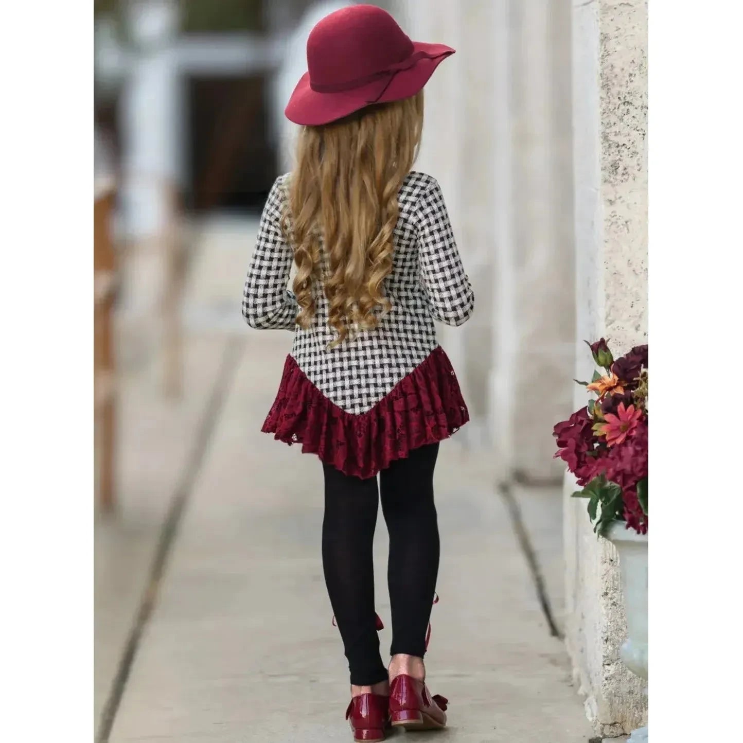 Mia Belle Girls Braided Plaid Lace Trim Tunic & Legging Set