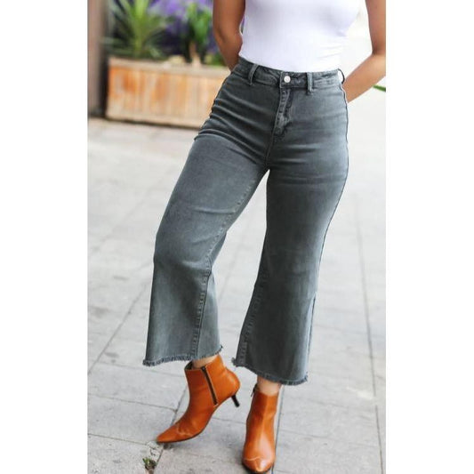 High Waist Straight Acid Wash Frayed Cutoff High Waist Jeans