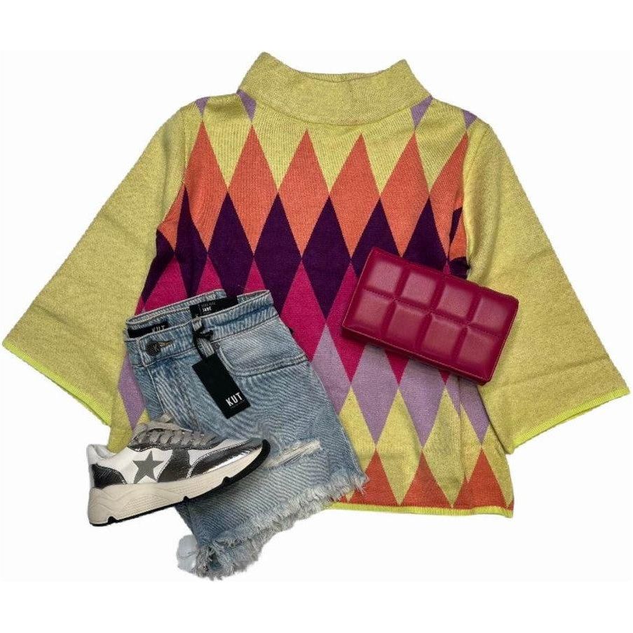Chartreuse Argyle Bell Sleeve Mock Neck Sweater