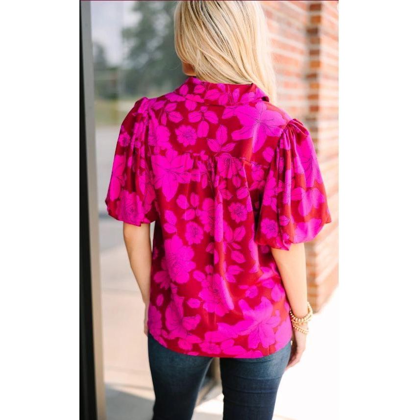 Floral Bloom Print Button Top