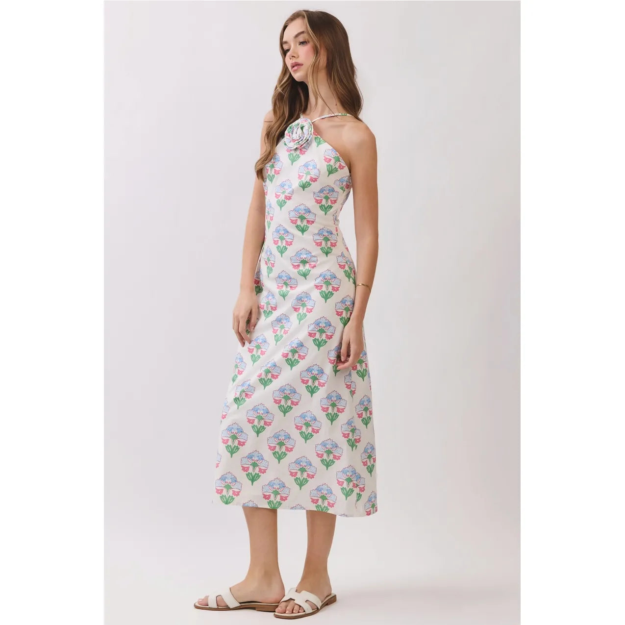 Floral Print Halter Midi Dress with Rosette Detail