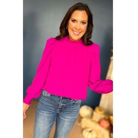 Magenta Mock Neck Gathered Long Sleeve Top