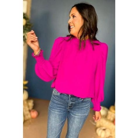 Magenta Mock Neck Gathered Long Sleeve Top