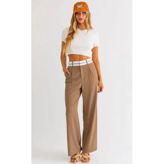 Mocha waist Band Detail Pleated Wide Pants