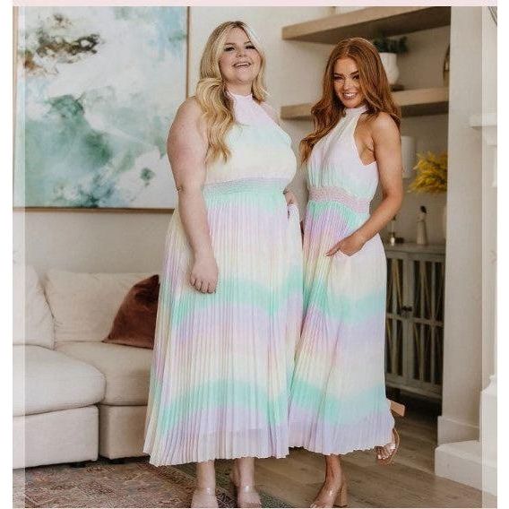 Rainbow Pastel Chiffon Iridescent Plisse Maxi dress