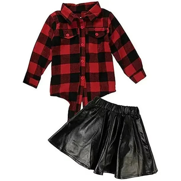 Mia Belle Plaid Button Down Top & Leather Skirt Set