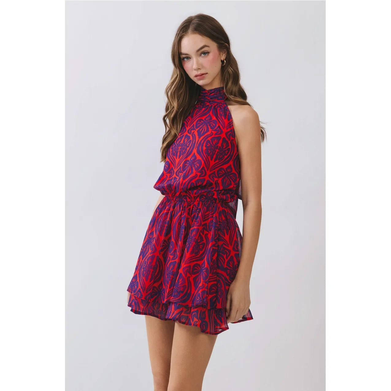 Printed Open Back Halter Neck Mini Dress