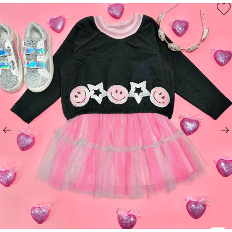 SARA SARA Mesh Tutu Dress with Happy Face and Star Trims