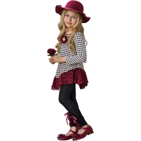 Mia Belle Girls Braided Plaid Lace Trim Tunic & Legging Set