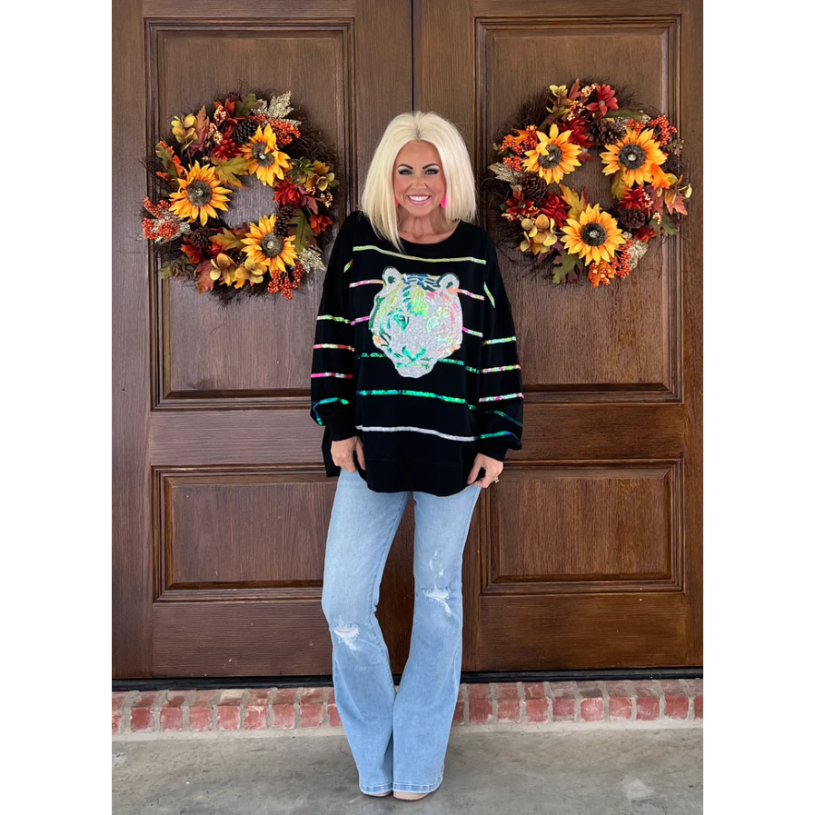 Multi Color Crew Neck Sequin Tiger Pull Over