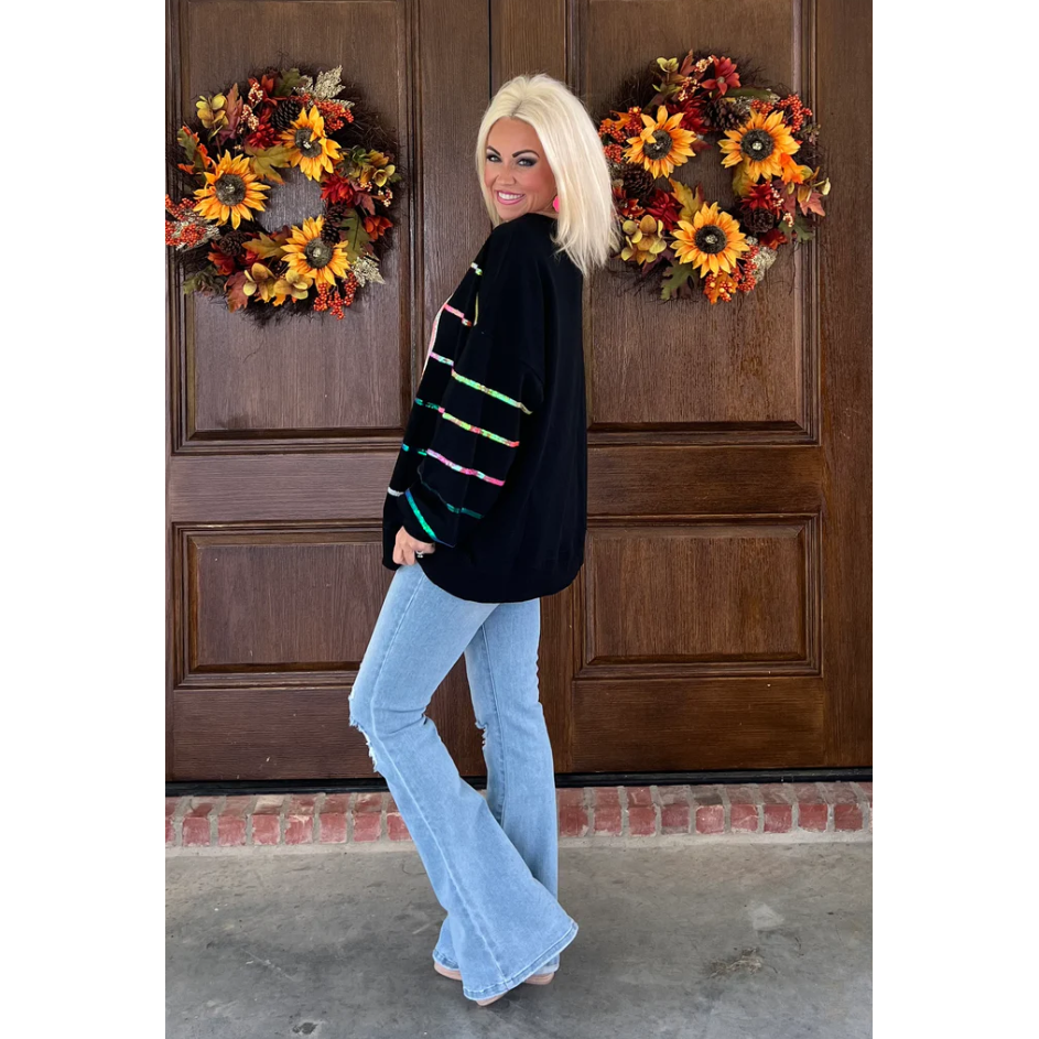Multi Color Crew Neck Sequin Tiger Pull Over