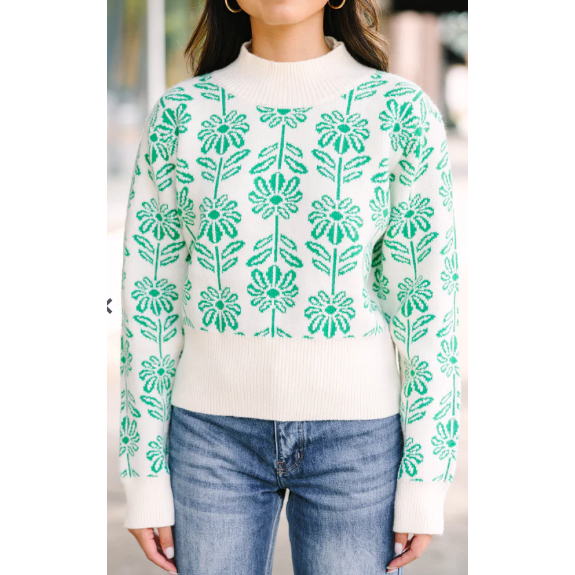 Have You Here Green Floral Sweater