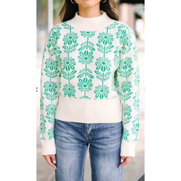 Have You Here Green Floral Sweater