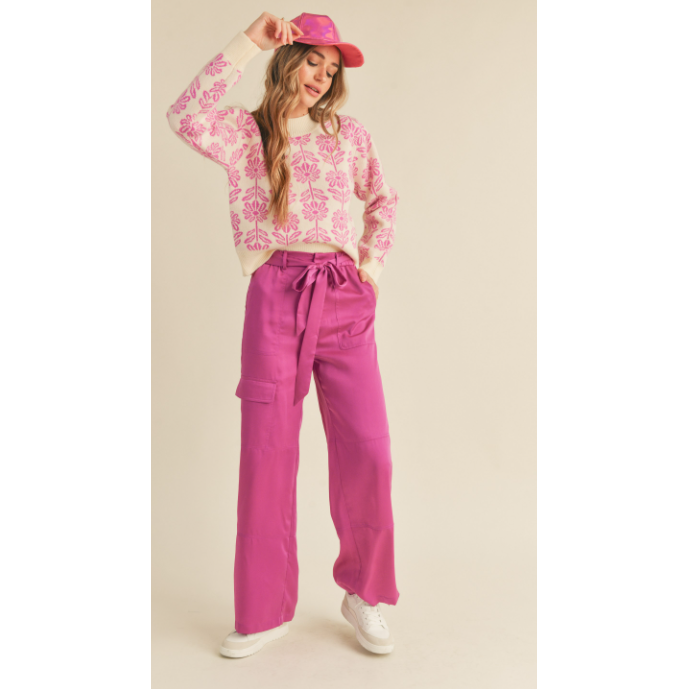 Have You Here Green Floral Sweater- Electric Orchid