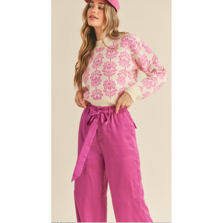 Have You Here Green Floral Sweater- Electric Orchid