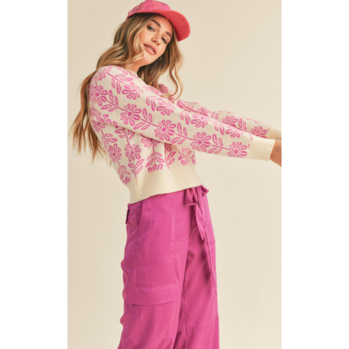Have You Here Green Floral Sweater- Electric Orchid