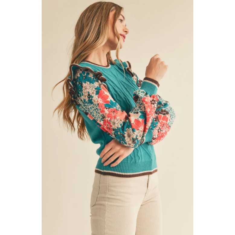 Woven Sleeves Cable Knit Sweater Top