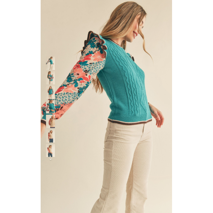 Woven Sleeves Cable Knit Sweater Top