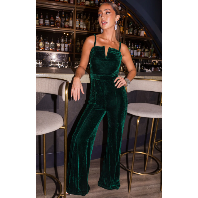 Flying Tomato Forest Split Neck Flare Leg Velvet Jumpsuit