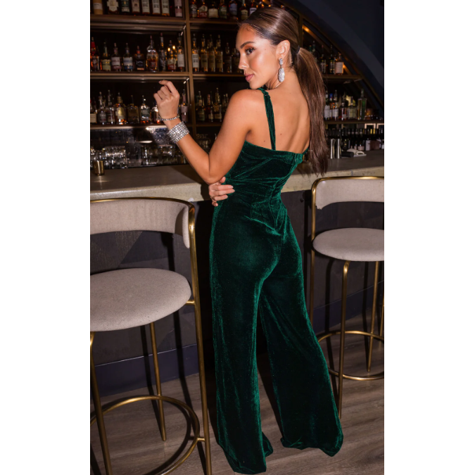 Flying Tomato Forest Split Neck Flare Leg Velvet Jumpsuit