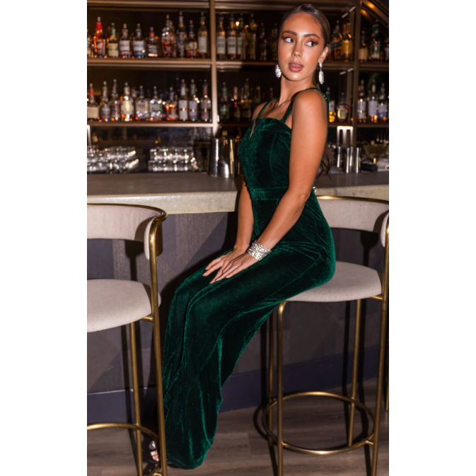 Flying Tomato Forest Split Neck Flare Leg Velvet Jumpsuit