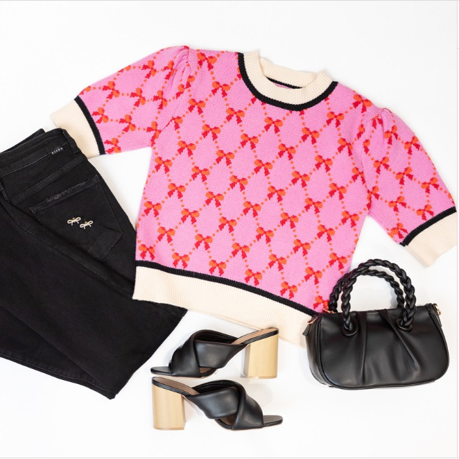 THML Short Sleeve Pink Ribbon Sweater