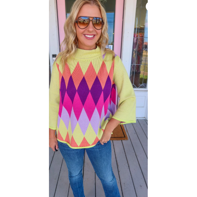 Chartreuse Argyle Bell Sleeve Mock Neck Sweater