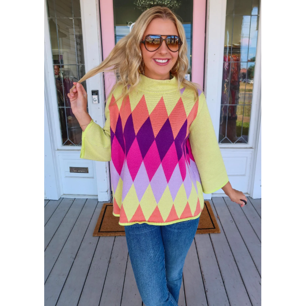 Chartreuse Argyle Bell Sleeve Mock Neck Sweater