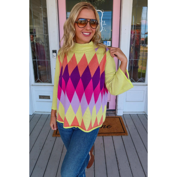 Chartreuse Argyle Bell Sleeve Mock Neck Sweater
