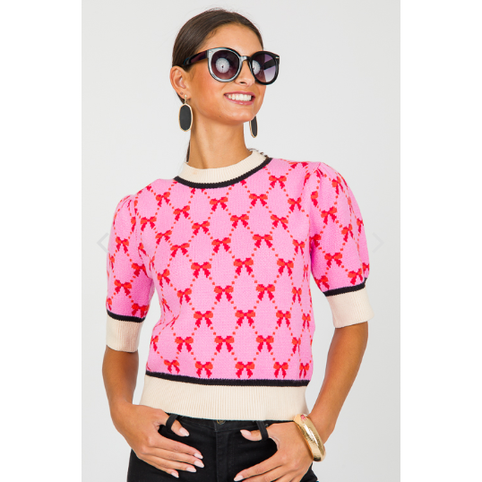 THML Short Sleeve Pink Ribbon Sweater