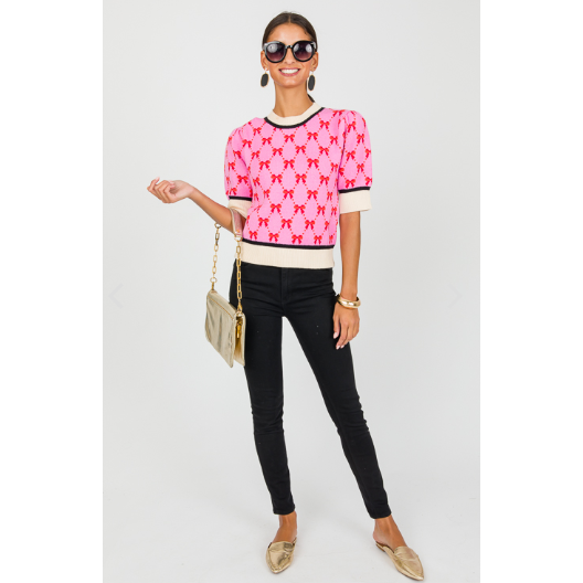 THML Short Sleeve Pink Ribbon Sweater