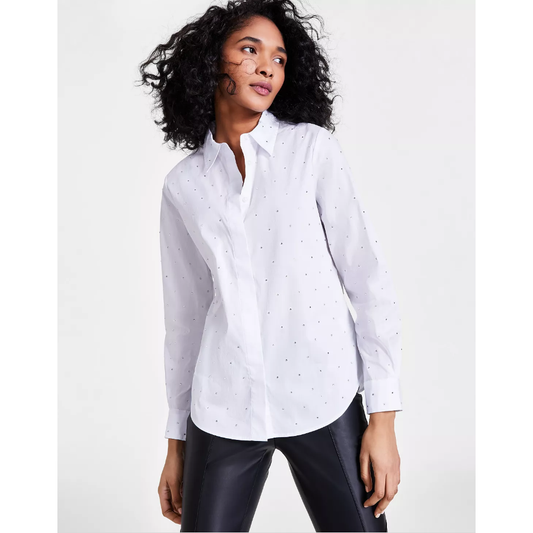 Rhinestone Studded Poplin Button Down Shirt