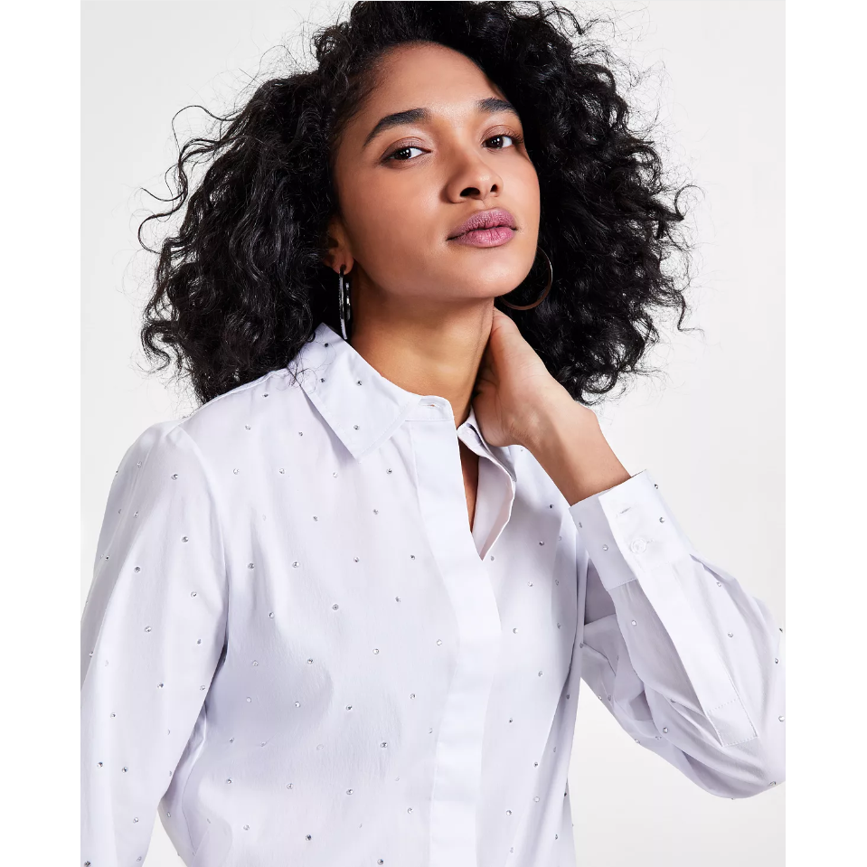 Rhinestone Studded Poplin Button Down Shirt