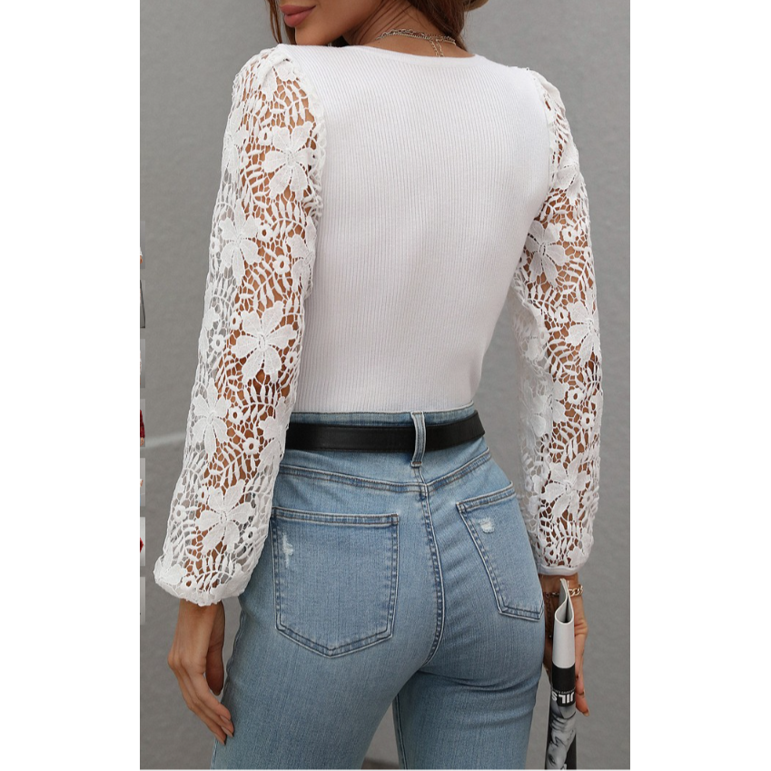 White Scoop Neck Lace Long Sleeve Top