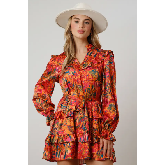 Floral Abstract Jungle Print Tiered Mini Dress