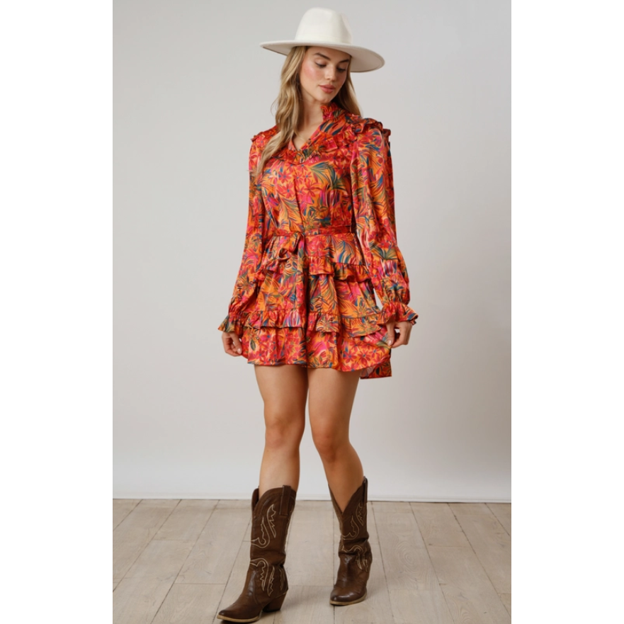 Floral Abstract Jungle Print Tiered Mini Dress