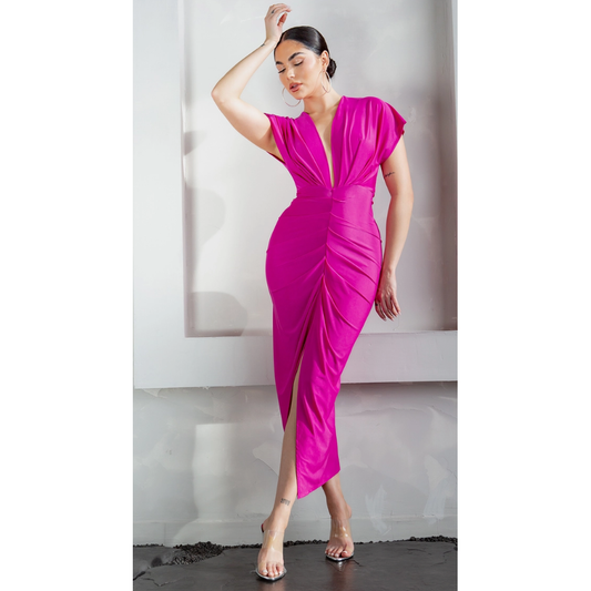 Fuchsia Bodycon V-Neck Dress Midi Dress